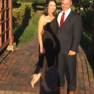 Black One Shoulder Knee Length Side Slit Dress